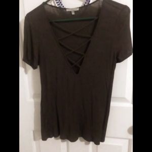 Olive green, low cut cross stitching t shirt